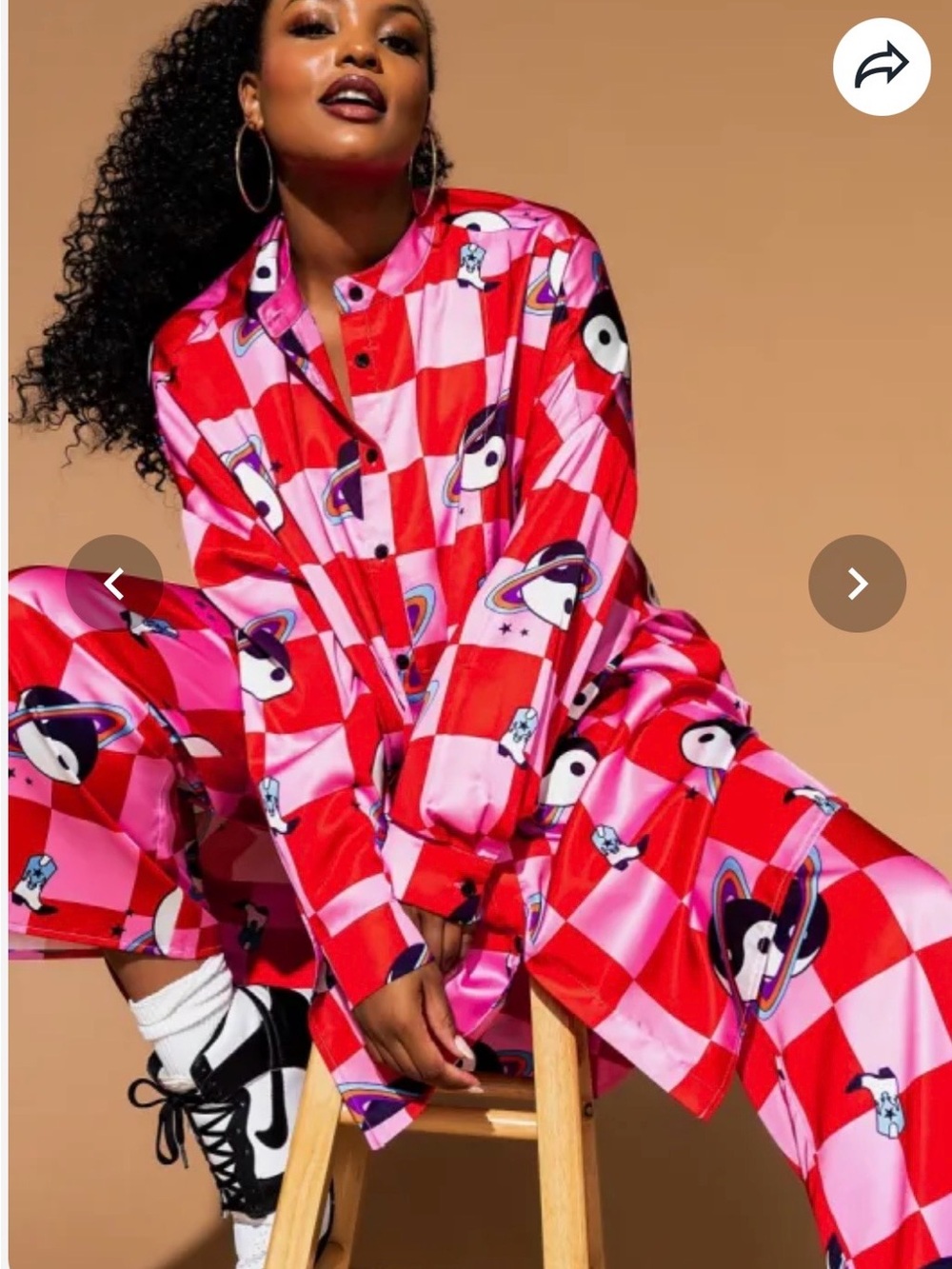 Dressed in LALA Pink & Red Checkerboard Space Penguin Button-Up Top & pants